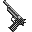 Two pixelated sword-like objects with checkered black-and-white patterns, one emitting yellow pixelated sparks from its tip against a gray background.