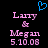 Pixelated text displays 'Lury & Megan 5.10.08' in pink with a blue heart symbol above, on a black background.