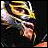 Pixelated static image of a wrestler in mid-action with yellow mask and dark outfit against black background.