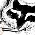 Black and white pixelated static icon with abstract curved shapes and dithering patterns on a transparent background.