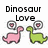 Pixelated image with 'Dinosaur Love' text above two cartoon dinosaurs, one pink and one green, each with a thought bubble containing a heart.