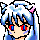 Pixel art character with blue hair and pink cat ears in a showing facial expressions including open eyes, closed eyes, and mouth movements