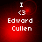Red background with white text displaying 'I <3 Edward Cullen' in pixelated font, showing subtle animation changes