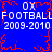 Blue background with red pixelated border, white text repeating 'OX FOOTBALL 2009-2010' in two