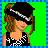 Pixel art contact sheet showing four frames of a female character with brown hair, black headband, and patterned outfit against green background.