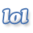Blue outlined stylized text 'lol' on white background with light gray drop shadow, rendered in pixelated style.