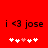 Red background with black text 'i <3 jose' and a of six white/pink pixelated hearts below, showing two animation frames where heart colors shift