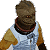 Pixelated character with brown textured head and neck, wearing white sleeveless shirt over orange long sleeves, standing against light gray background.