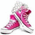 Pixelated pink and white sneakers with a large pink bow on the side, viewed from a low angle against a white background.