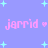Pixelated pink text 'jarrid' appears twice per on a light purple background with cyan star shapes, with heart and dot symbols between the text pairs