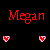 Red 'Megan' text above of red and white pixelated hearts on black background, with two bottom showing heart-to-particle transitions