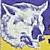 Pixelated static image of a white dog with dark eyes and nose, set against a blue and yellow background with abstract shapes.