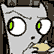 Pixelated cartoon cat face with large green eyes and a yellow mouth, set against dark background elements.