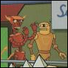 Two cartoon robot characters stand side-by-side; the left one is red with horns and a wide grin, the right one is tan with a single eye and a toothy smile.