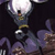 A pixelated image shows a dark figure with a large white circular head and a yellow curved element near the neck, set against a dark background with purple and brown shapes below.