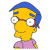 Pixelated character with yellow skin, blue hair, red glasses, and pink clothing in profile view.