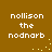 Brown background with white pixelated text reading "nollison the nodnarb" arranged in four quadrants, each containing a small cluster of yellow dots.