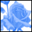 Pixelated blue floral shape with multiple rounded petals and a thin stem against white background.
