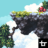 Pixel art scene of a floating rocky cliff with green vegetation, red mushrooms, and white clouds against a light blue sky.