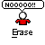 Pixel art animation of a red-shirted figure with white head, showing speech bubbles and pencil/eraser props in