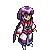 Pixel art character with purple hair and pink-and-white outfit performing sequential poses against gray background.