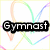 Pixelated icon with black banner reading 'Gymnast' over colorful swirling lines on white background.