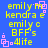 Blue background with yellow text reading 'emily m', 'kendra e', 'emily c', 'BFFs', and '.4life' in pixelated font, accompanied by pink square-shaped icons.
