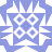 A static pixelated icon with a blue and white color scheme featuring a symmetrical pattern of four circular shapes arranged in a 2x2 grid, surrounded by angular white and blue geometric elements.