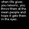 Static black-and-white pixelated text icon with a humorous quote about throwing lemons at mean people.