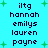 Pixelated text list on cyan background with green plus symbols, showing names and 'iltg' repeated in two