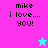 Pixelated text 'mike i love... you!' on split background with cyan star icon, alternating between pink and blue sections.