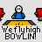 Pixel art animation of a blue-shirted figure bowling with gray balls on yellow lanes, text "We fly high BOYLIN!" repeated below each frame.