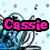 Pixelated image with pink text 'Cassie' outlined in black over a blue and gray abstract background.