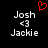 Pixelated text displays 'Josh' and 'Jackie' with '<3' between them, a red heart symbol above the names on black background.