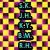 A static pixel art icon with cyan text on black rectangular backgrounds arranged vertically against a yellow and purple checkered pattern.