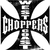 Black and white cross-shaped icon with 'CHOPPERS' text, blue vintage car on brown background.