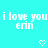 Pixelated cyan background with repeated white text "i love you erin" and pixel hearts, partially cropped on the right.
