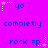 A static image with a bright purple background displays repeating text elements in blue pixelated font, including "yo i," "completely," and "rock =p," each accompanied by small white star icons.