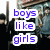 A pixelated image shows a group of people standing together with overlaid text reading 'boys like girls' in blue letters.