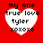 Red background with four white heart-shaped icons containing black text reading 'my one true love tyler xoxoxo' in pixelated font.