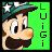 Pixelated Luigi character with green background, white stars on hat, and vertical text 'Luigi' on right side.