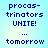 Pixelated text on a light blue background with subtle gradient, showing 'procas-trinators UNITE!' and 'tomorrow' in two identical