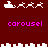 Pixel art carousel icon with white horse figures on a dark red background, displaying two animation states with text "carousel" below each state.