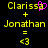 Yellow pixelated text on black background shows 'Clarissa + Jonathan = <3' with a pink heart over the 'a' in Clarissa.