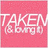 A pink square icon with white text reading "TAKEN (a boy)" and a red heart pierced by two golden arrows on a gray background.