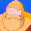 Animated sequence showing a character in an orange hooded outfit with changing facial features across four