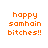 Four display orange pixelated text 'happy samhain bitches!!' with varying black background bars across different positions