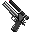 Pixelated image of two crossed guns with checkered patterns, one emitting a yellow and white muzzle flash against a gray background.