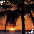 A static pixelated image of a tropical sunset scene with palm trees silhouetted against orange and yellow sky, dark water below.