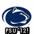 Blue circular swirl with white accents above black rectangular block containing white text 'FSU '72!' on white background.